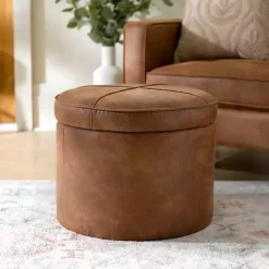 Brown Wyatt Faux Leather Storage Ottoman