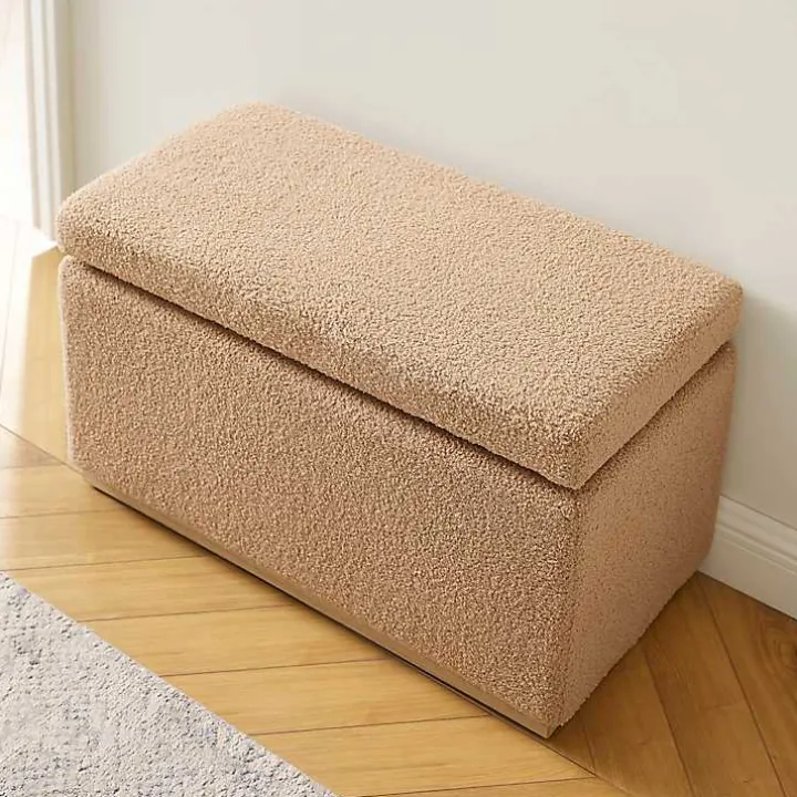 Camel Sherpa & Pine Rectangle Storage Ottoman