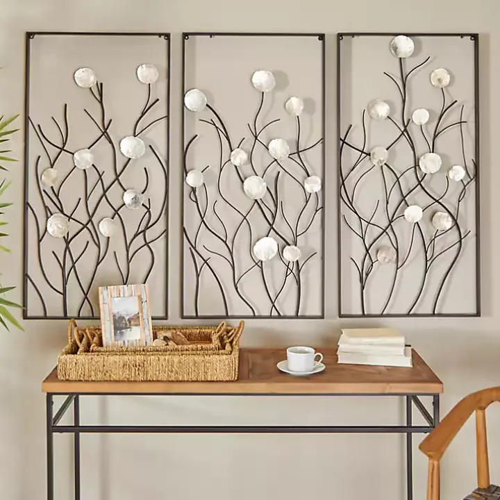 Capiz Flowers Metal Wall Plaques, Set of 3