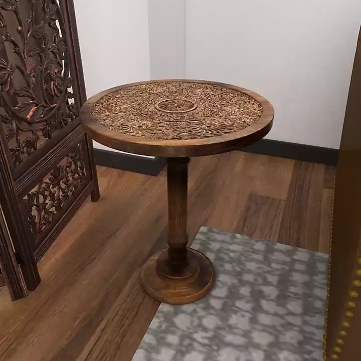 Carved Mandala Mango Wood Accent Table