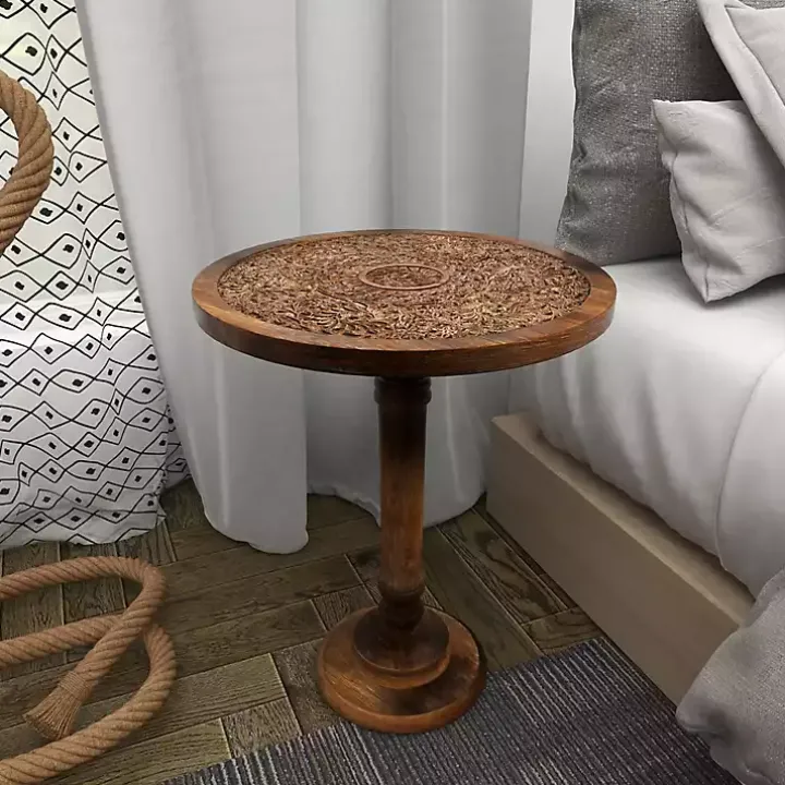 Carved Mandala Mango Wood Accent Table