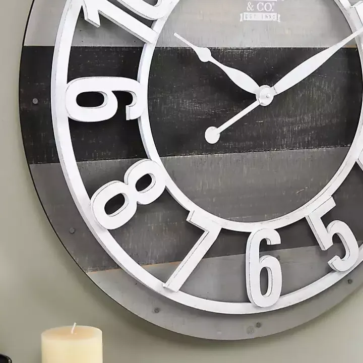 Charcoal Gray and White Plank Wall Clock