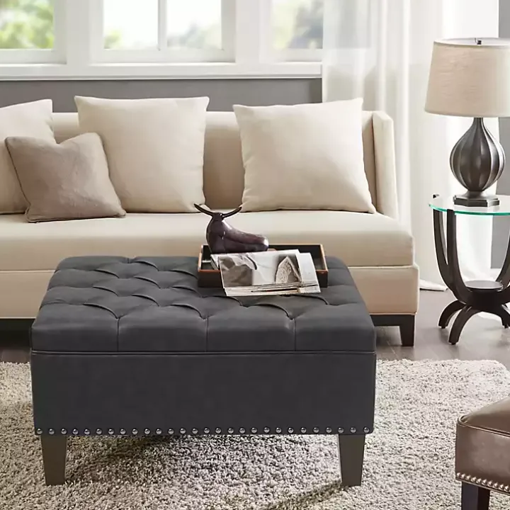 Charocal Button Tufted Leather Ottoman