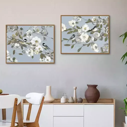 Chickadee Blossoms Framed Canvas Prints, Set of 2