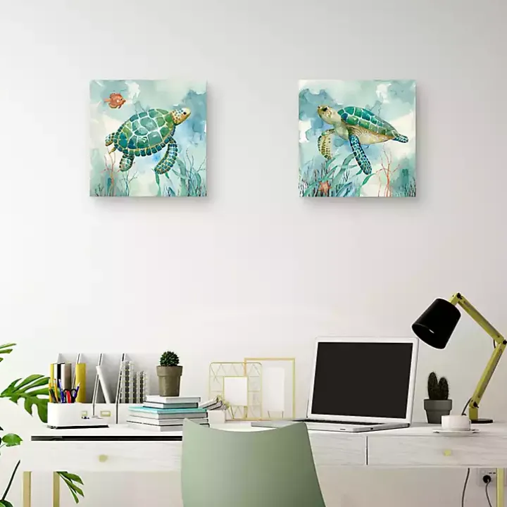 Coral Bay Sea Turtle Canvas Art Prints, Set of 2