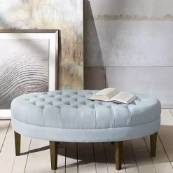 Cory Tufted Dusty Blue Linen Ottoman