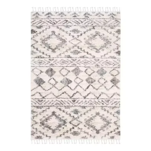Cream and Navy Moroccan Fringe Shag Rug, 5x7