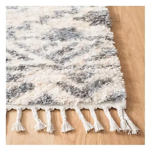 Cream and Navy Moroccan Fringe Shag Rug, 5x7