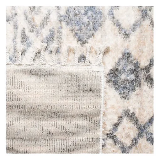 Cream and Navy Moroccan Fringe Shag Rug, 5x7