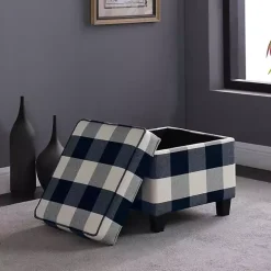Cream Buffalo Plaid Upholstered Storage Ottoman