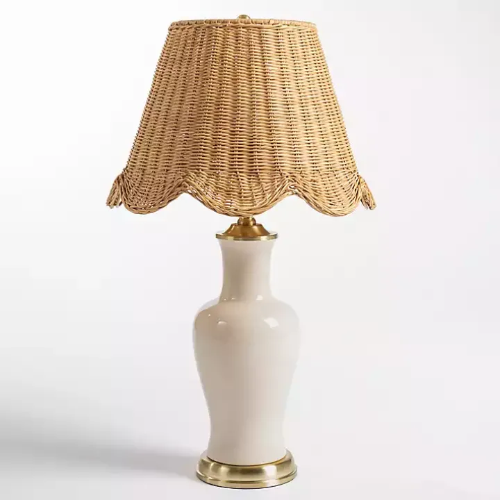Cream Ceramic Table Lamp With Woven Shade