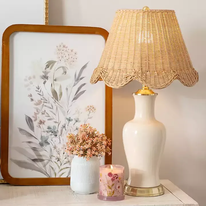 Cream Ceramic Table Lamp With Woven Shade