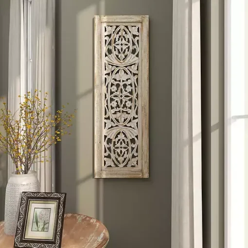 Cream Distressed Carved Floral Wall Plaque