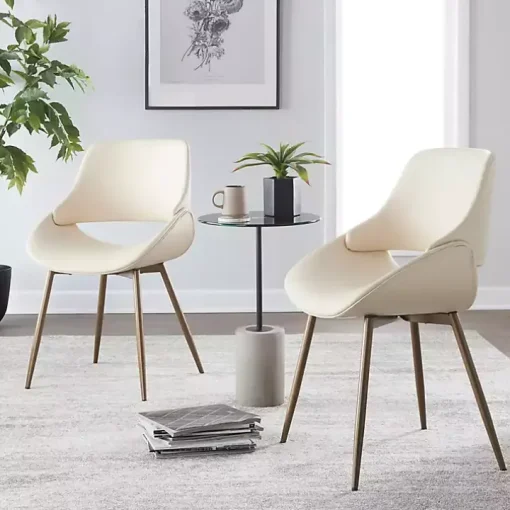 Cream Faux Leather Scooped Accent Chairs, Set of 2