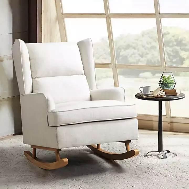 Cream Upholstered Wingback Rocking Chair