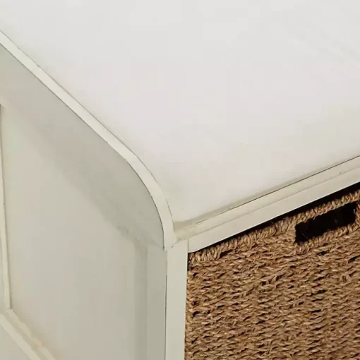 Cream Wood Bench with Storage Baskets