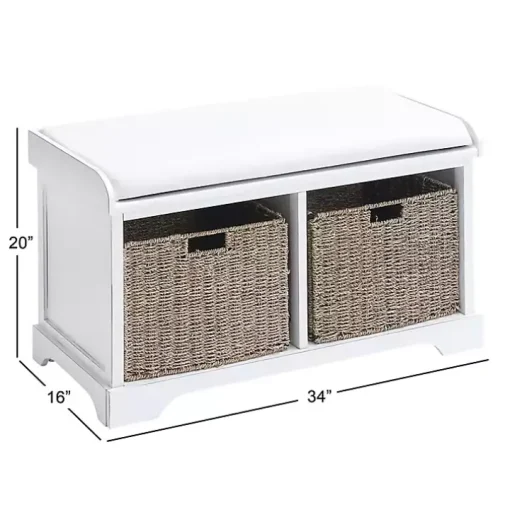 Cream Wood Bench with Storage Baskets