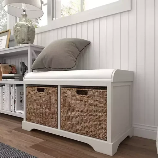 Cream Wood Bench with Storage Baskets