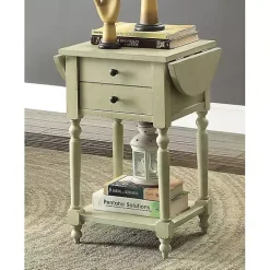 Cream Wood 2-Drawer Drop Leaf Side Table