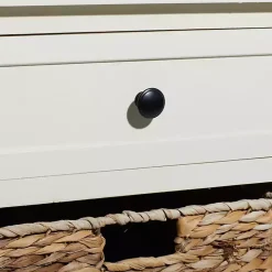 Cream Wood Side Table with Woven Baskets