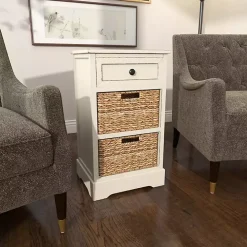 Cream Wood Side Table with Woven Baskets