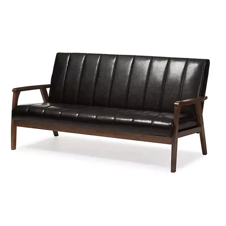 Dark Brown Faux Leather Channel Sofa, 63 in.