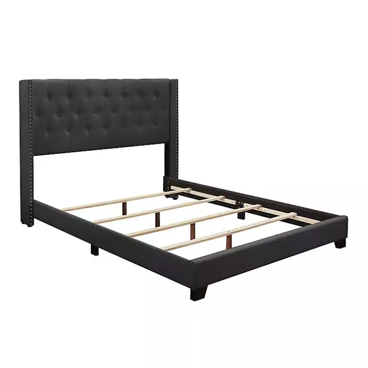 Dark Gray Upholstered Button Tufted Wing Queen Bed