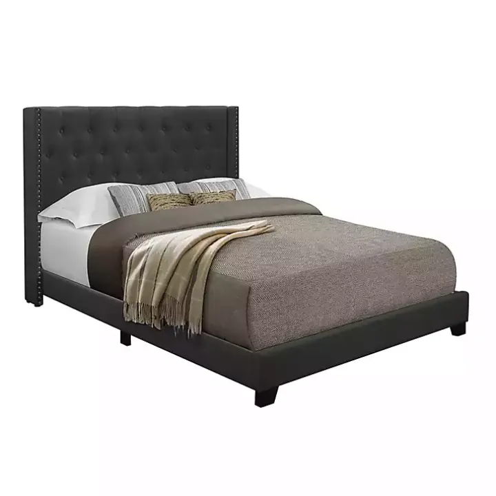 Dark Gray Upholstered Button Tufted Wing Queen Bed