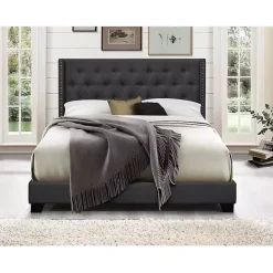 Dark Gray Upholstered Button Tufted Wing Queen Bed