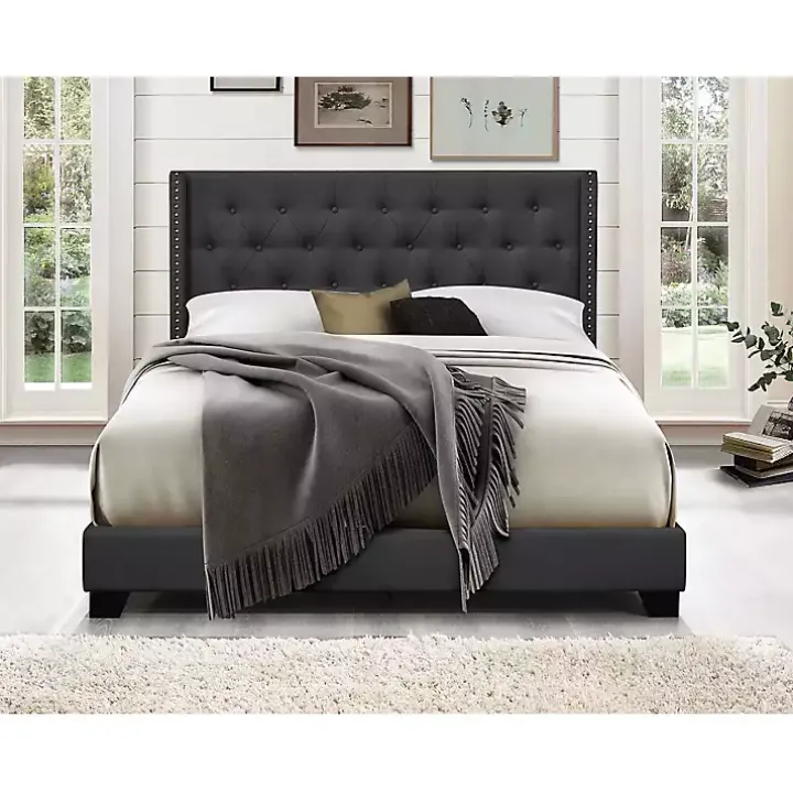 Dark Gray Upholstered Button Tufted Wing Queen Bed
