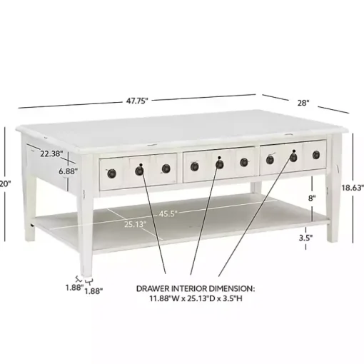 Distressed Cream Wood 3-Drawer Coffee Table