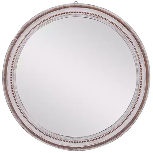 Distressed White Wood Round Frame Wall Mirror