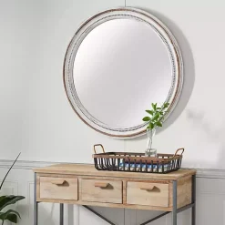 Distressed White Wood Round Frame Wall Mirror