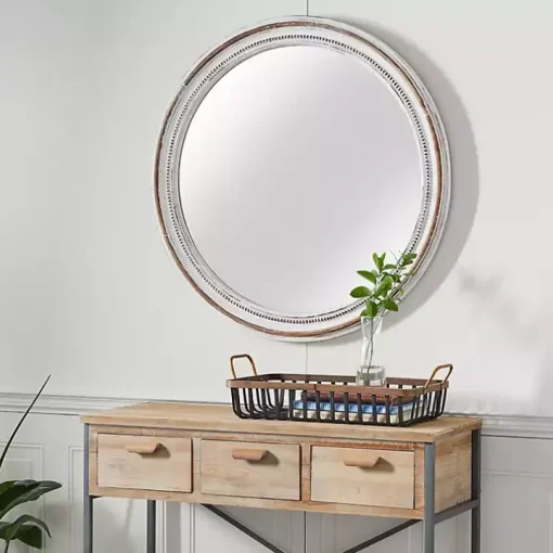 Distressed White Wood Round Frame Wall Mirror