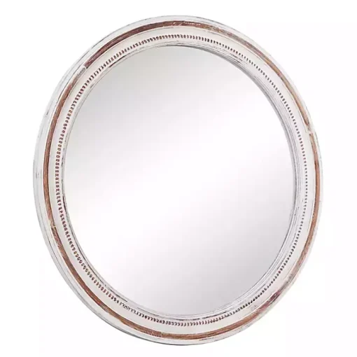 Distressed White Wood Round Frame Wall Mirror