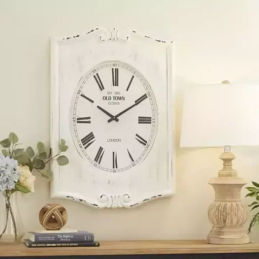 Distressed White Wood Scroll Wall Clock