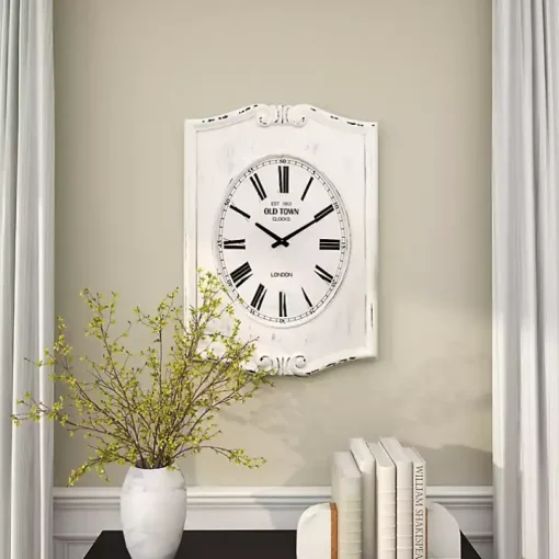 Distressed White Wood Scroll Wall Clock