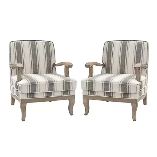 Farmhouse Gray & Brown Striped Armchairs, Set of 2