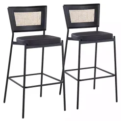 Faux Leather and Rattan Bar Stools, Set of 2