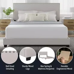 Fog Upholstered Nailhead Trim Queen Bed