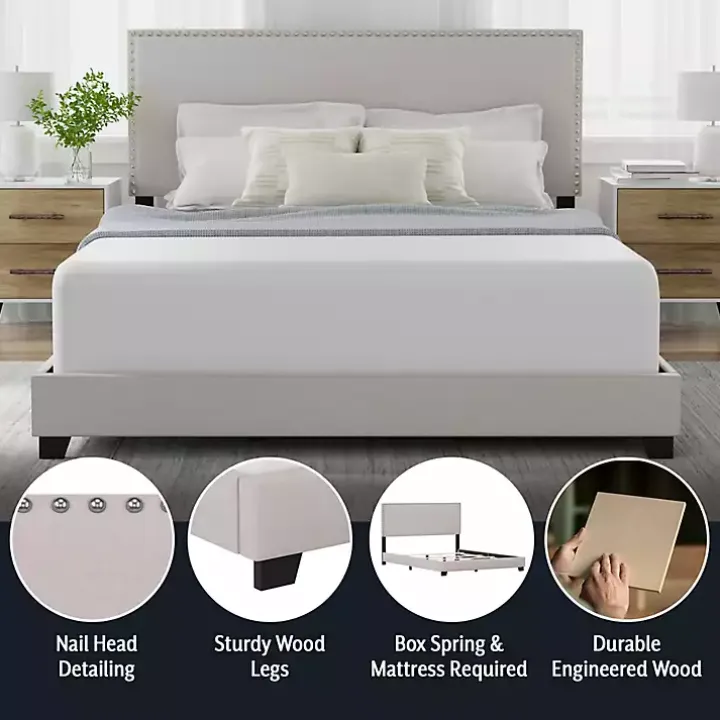 Fog Upholstered Nailhead Trim Queen Bed