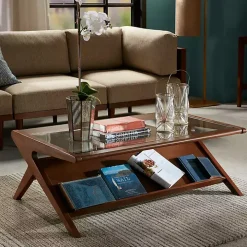 Glass and Walnut Wood Angled Coffee Table