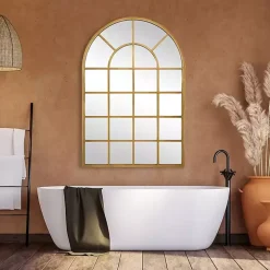 Gold Leaf Metal Windowpane Arch Frame Mirror