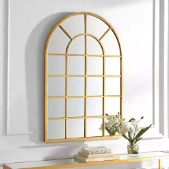Gold Leaf Metal Windowpane Arch Frame Mirror