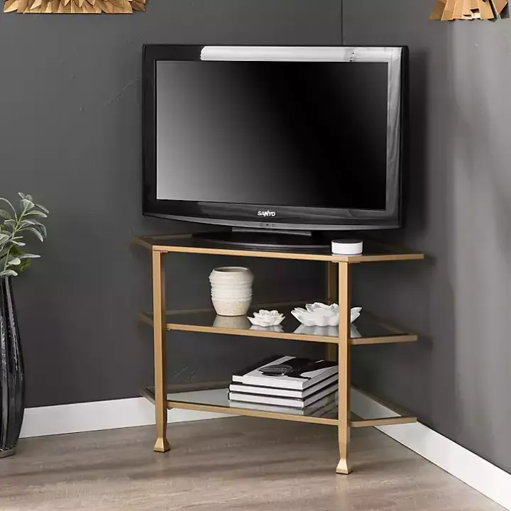 Gold Metal and Glass Corner TV Stand