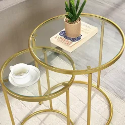 Gold Metal and Glass Nesting 2-pc Accent Table Set