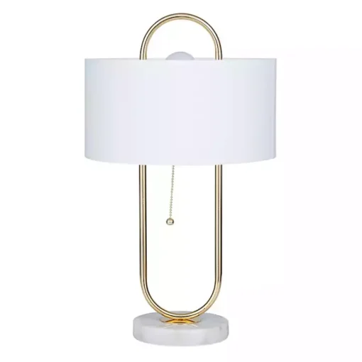 Gold Metal Open Loop Stem White Round Table Lamp