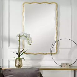 Gold Wood Wavy Frame Beveled Wall Mirror