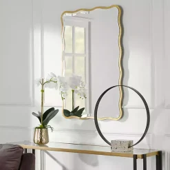 Gold Wood Wavy Frame Beveled Wall Mirror