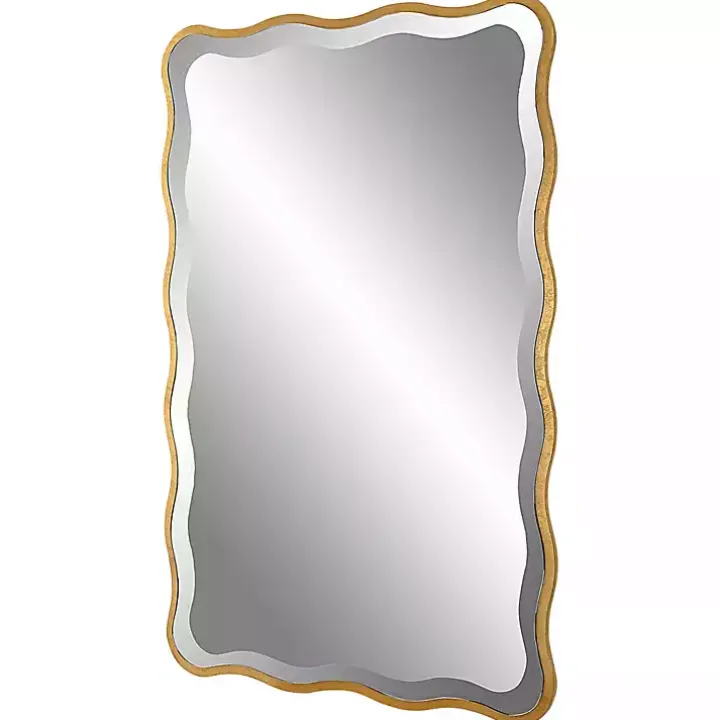 Gold Wood Wavy Frame Beveled Wall Mirror
